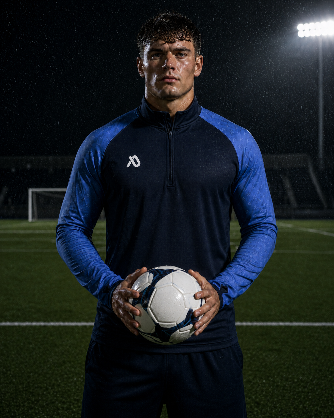 Fußballer im Veloc Quarter-Zip mit Ball im Regen